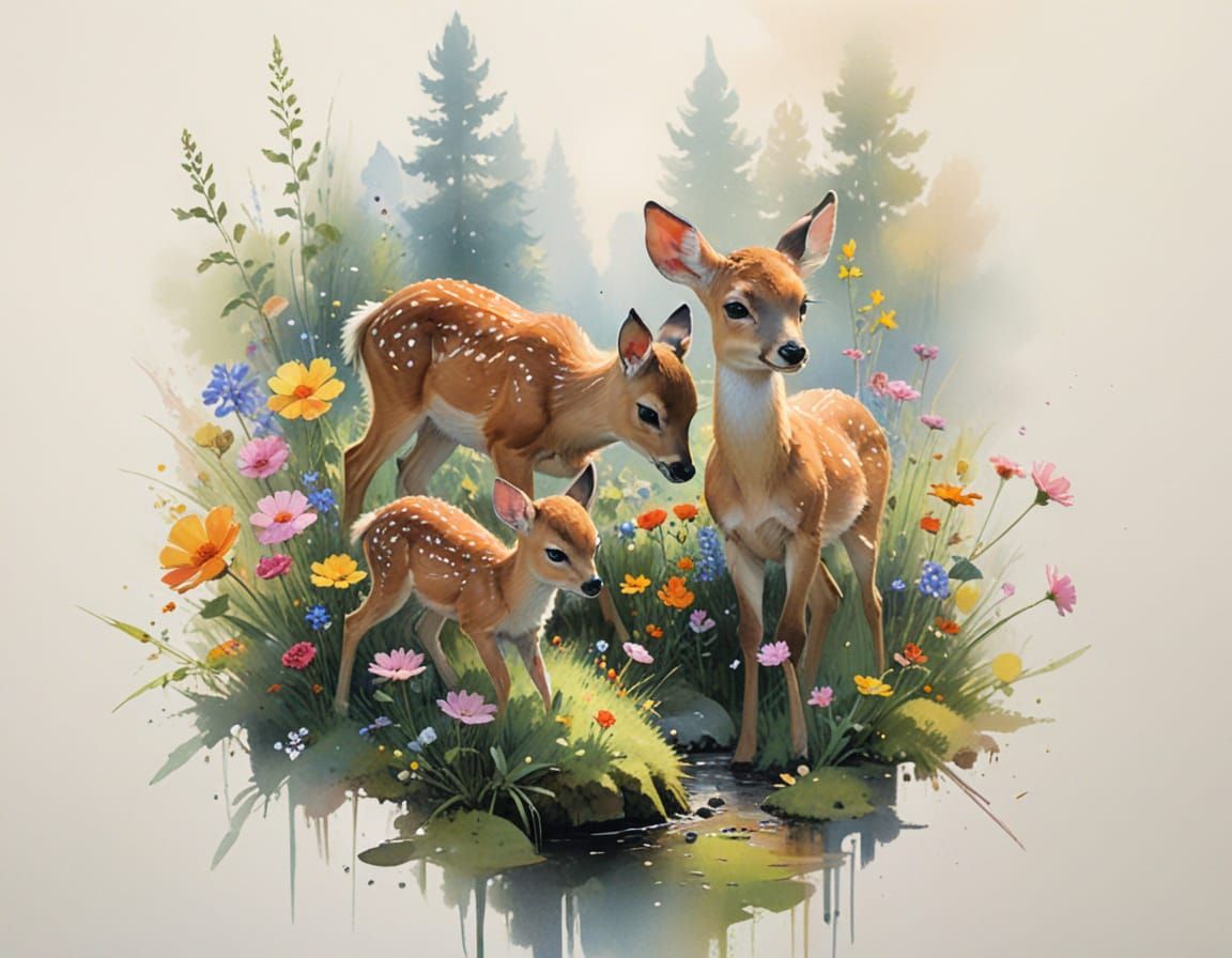 Adorable Fawns in Sunny Meadow, Impressionistic Style