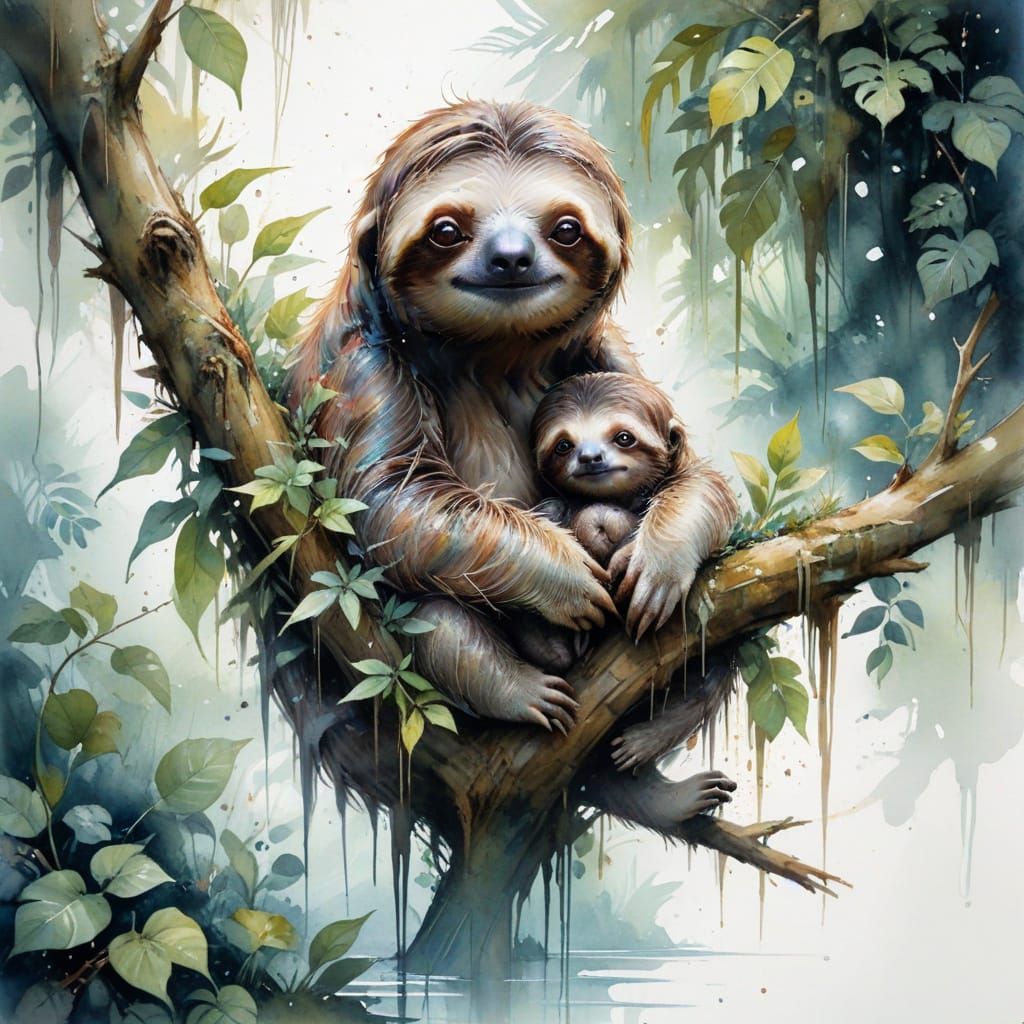 Cute Sloth Mother and Baby in Jungle Lake