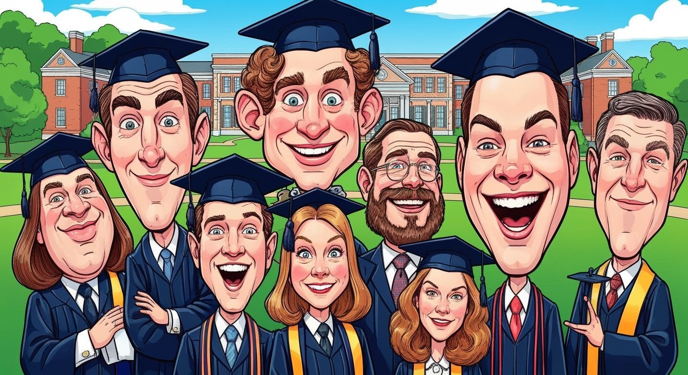 Funny Graduate Caricatures on Vibrant Campus