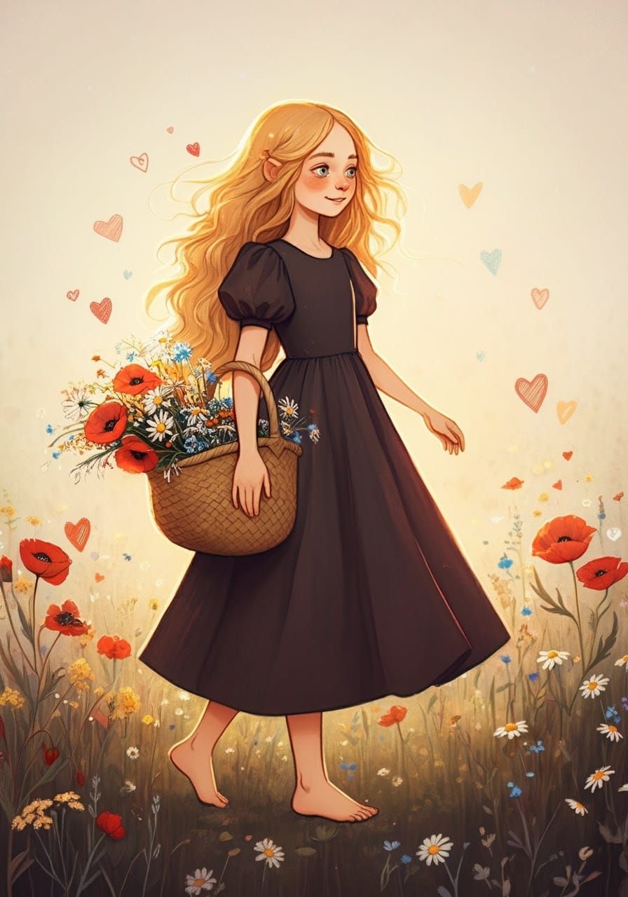 Joyful Victorian Girl in Whimsical Floral Setting