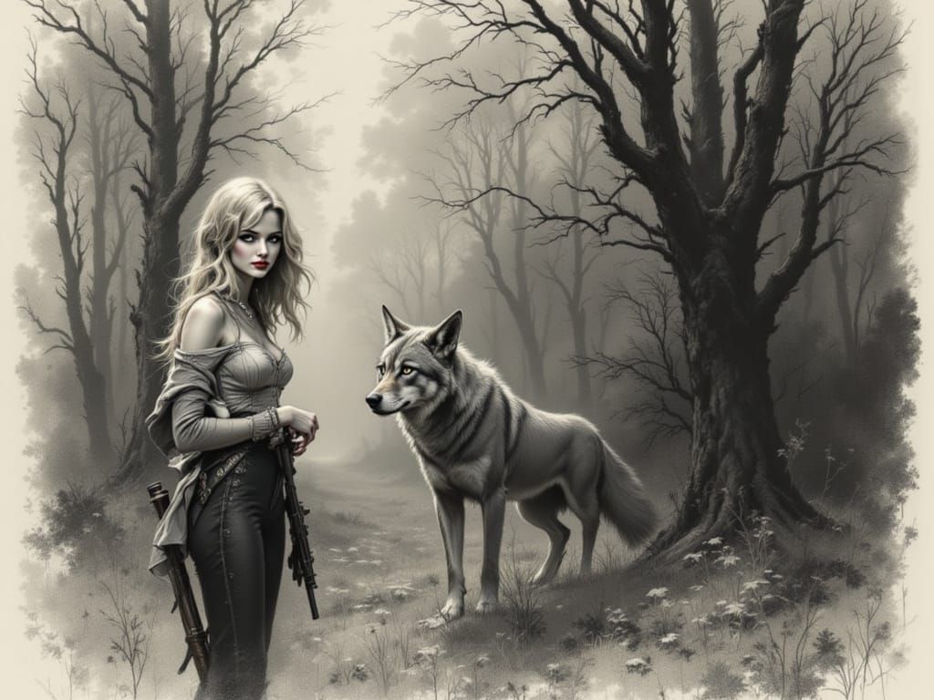 Charcoal Sketch: Woman and Wolf in Misty Forest