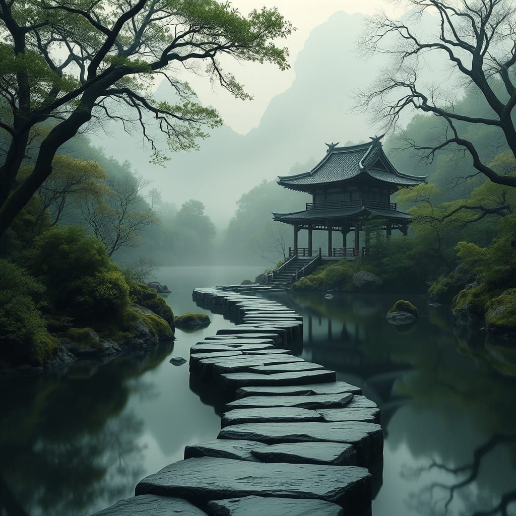 Serene Japanese-Inspired Landscape with River and Winding St...