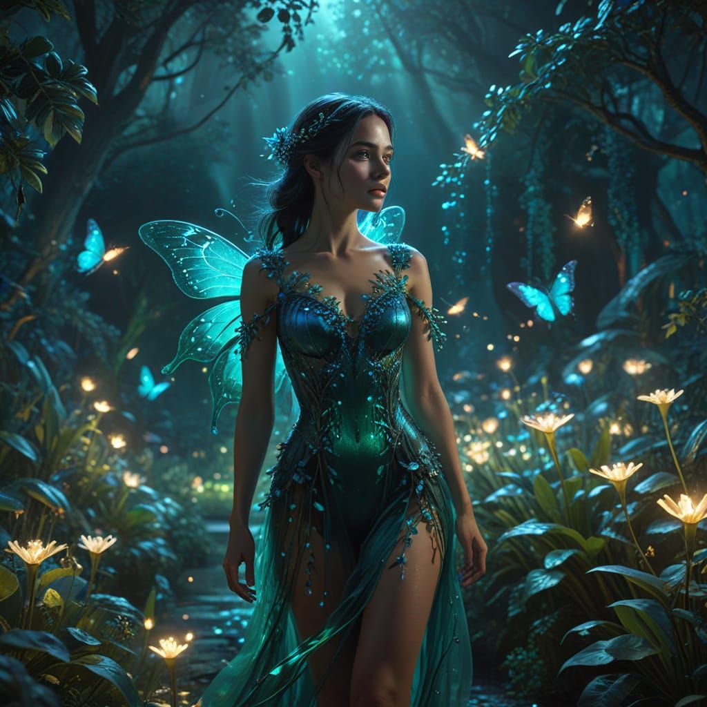 Woman in Enchanted Garden Under Moonlight