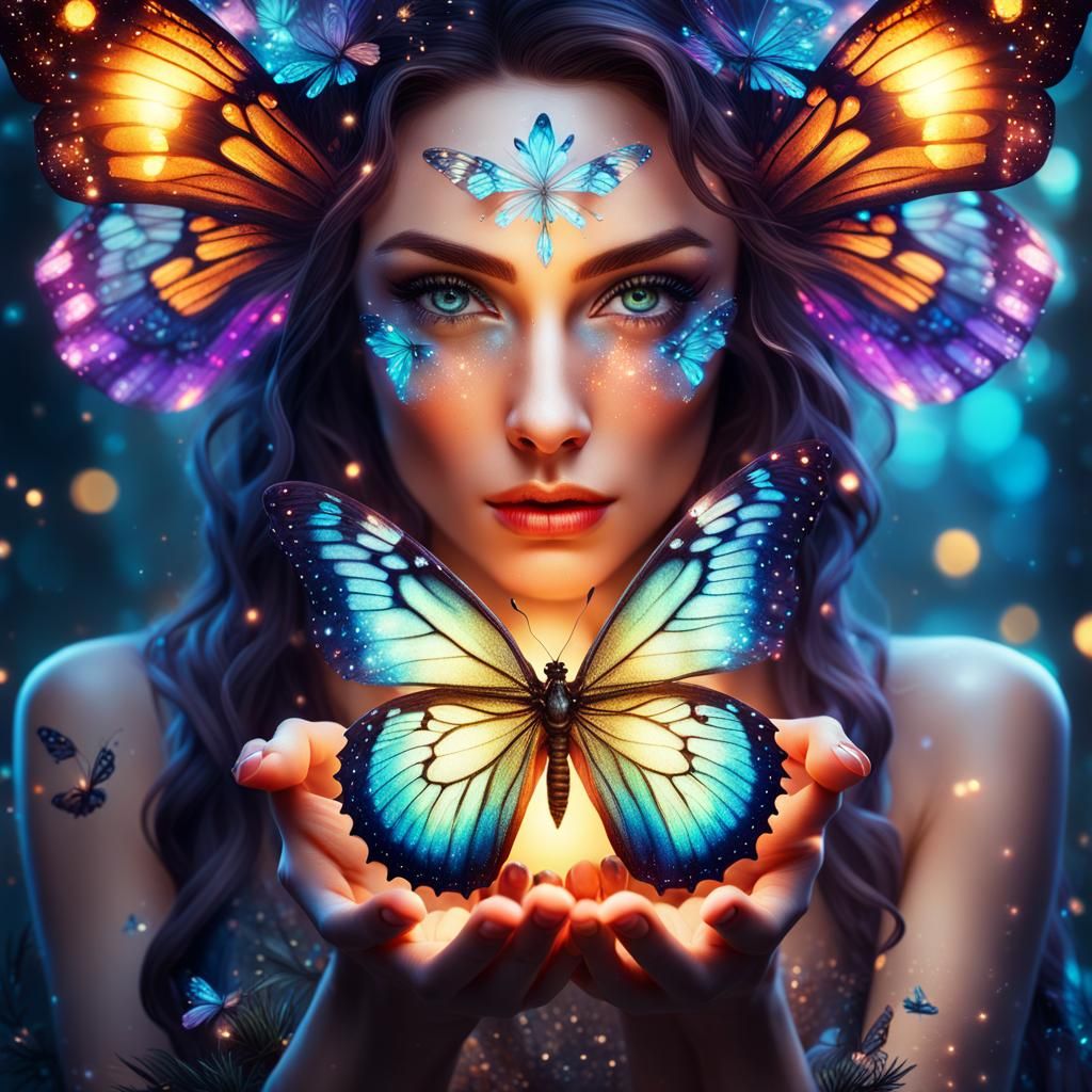 Enchanted Fae Holding Butterfly in Surreal Fantasy Art