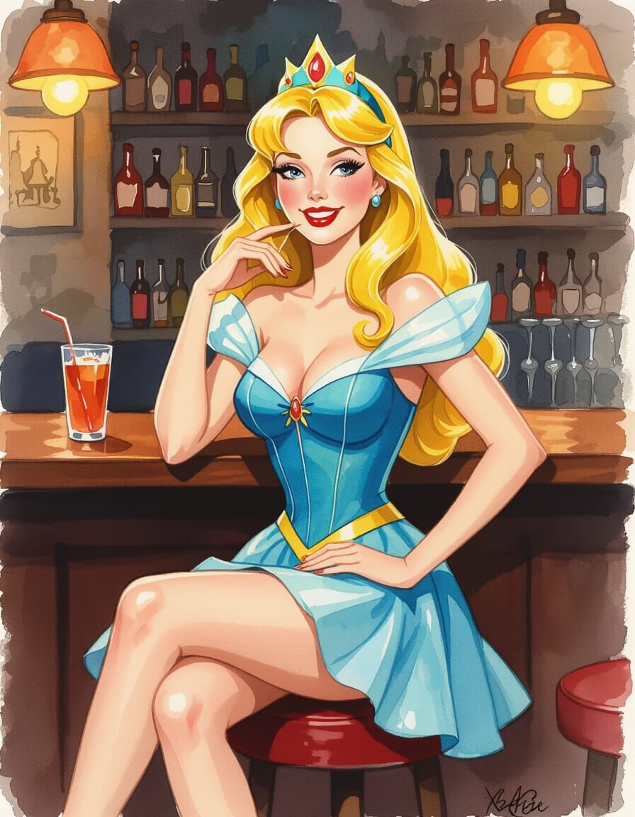 Pin-up Aurora Sits Smiling in Bar, Gouache and Oil