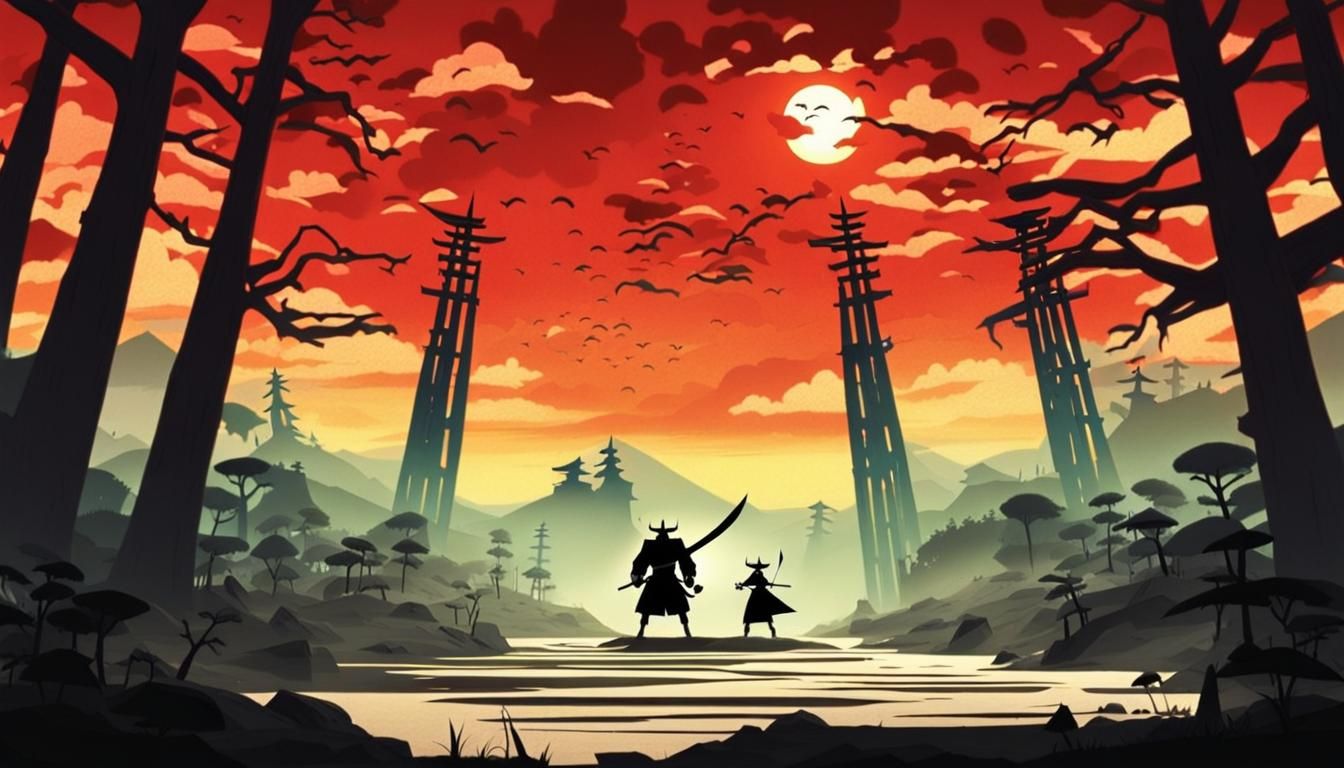 Samurai Jack Cult Scene in Anime Style