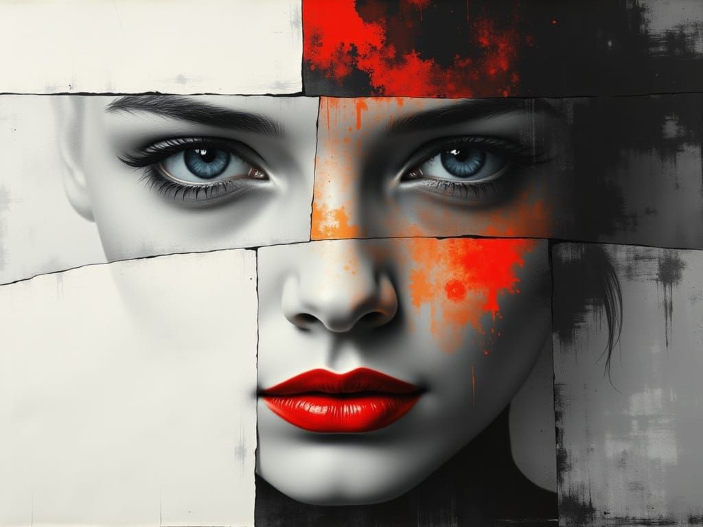Monochrome Portrait with Red Lips and Blue Eyes