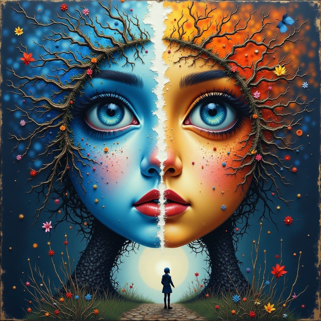 Surreal Moonlit Scene with Splattered Ink and Oil Paint