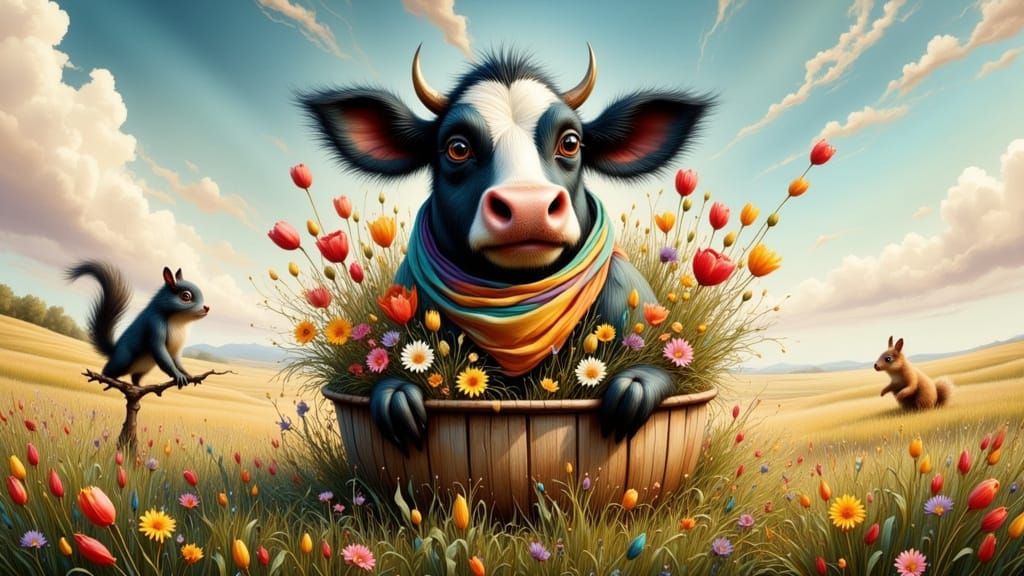 Whimsical Cow Portrait in Floral Setting