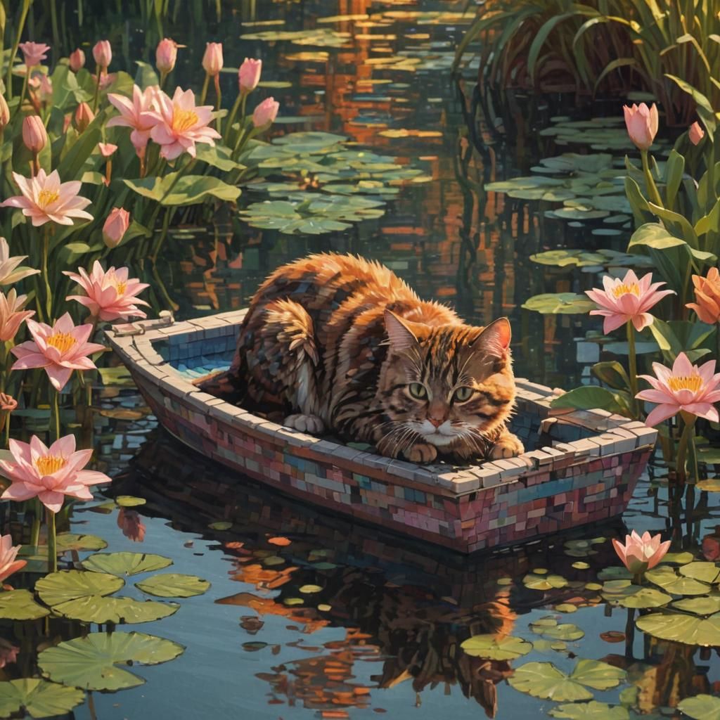 Pixelated Cat in Boat on Lily Pond