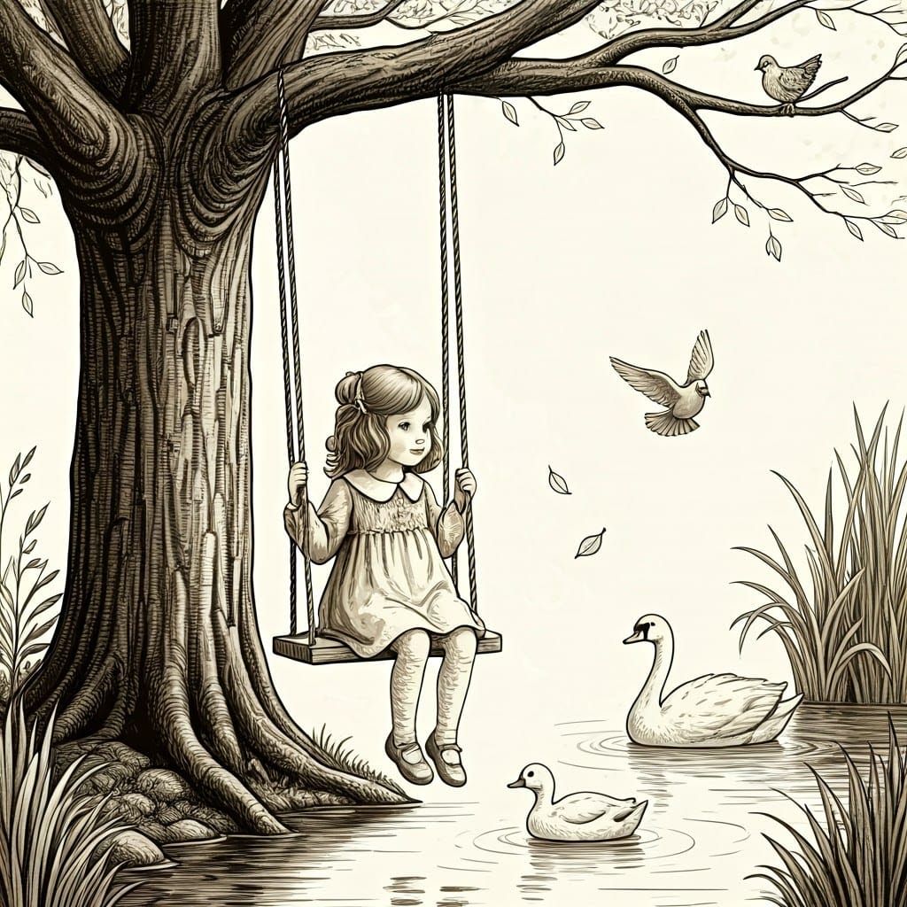 Girl on Swing: Beatrix Potter-Inspired Illustration