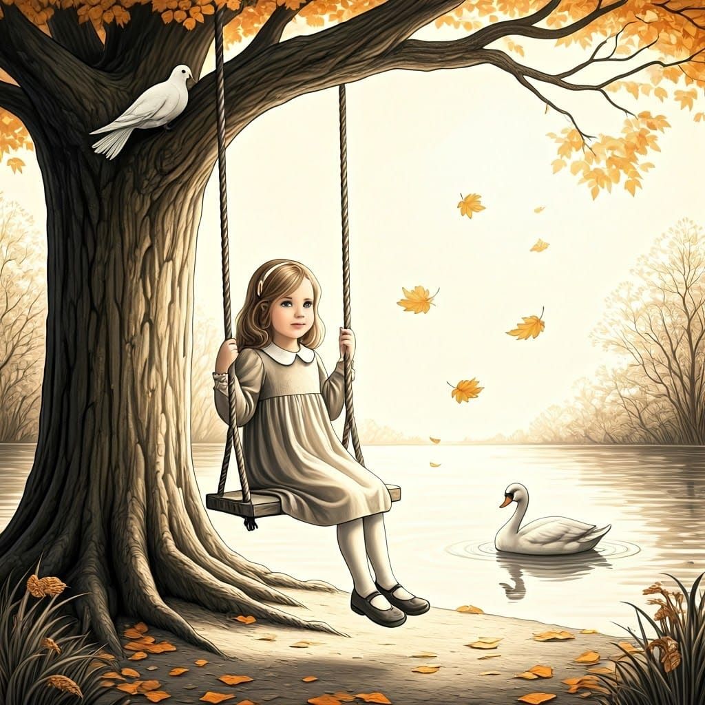 Girl on Swing: Whimsical Black and White Illustration