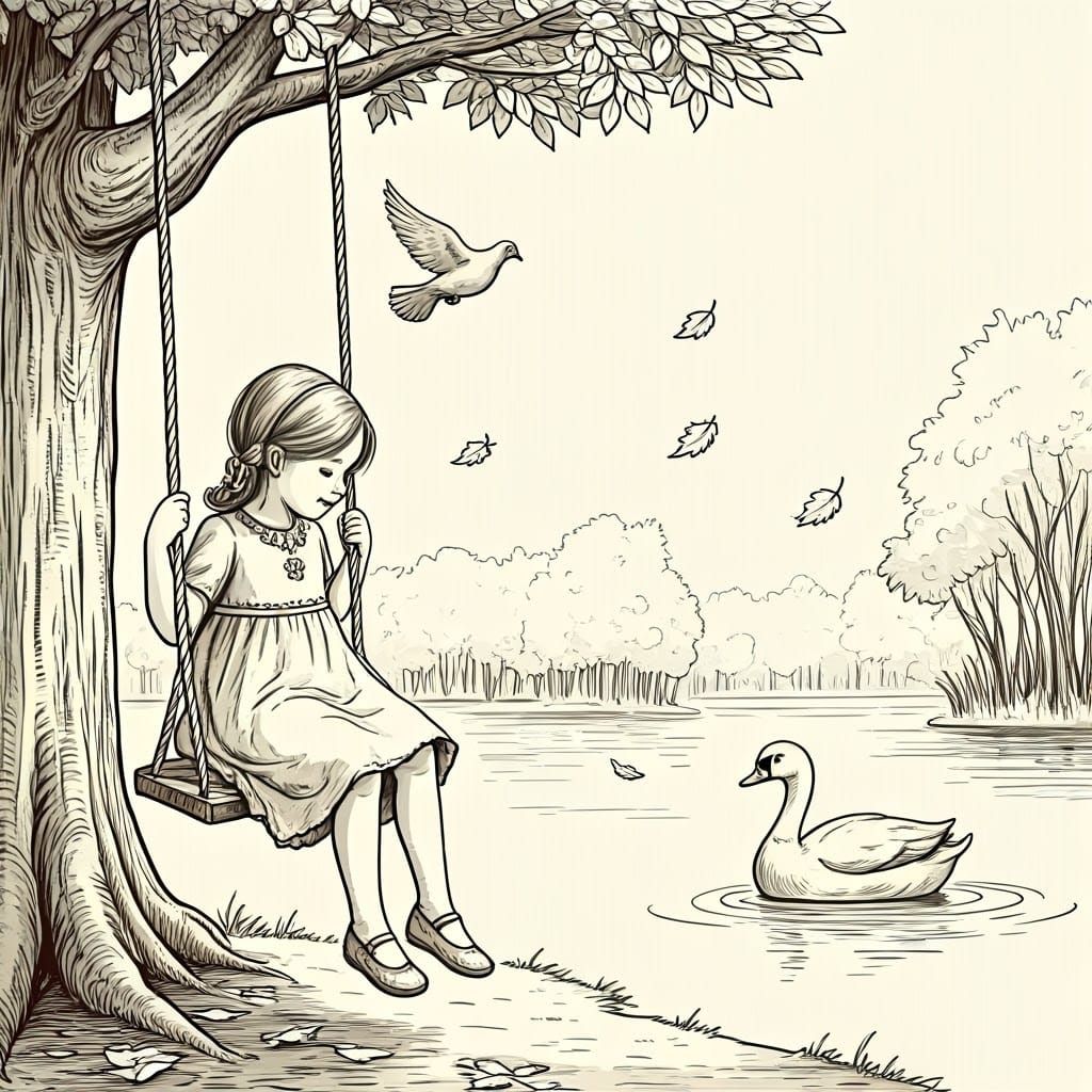 Whimsical Girl on Swing in Classic Children's Book Style