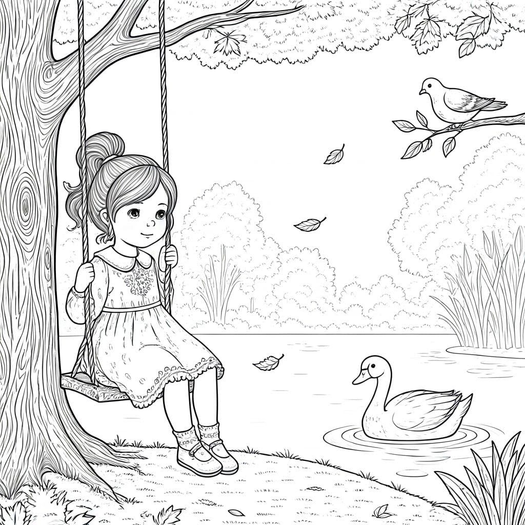 Whimsical Girl on Swing with Swan Lake