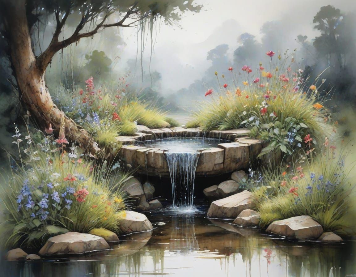 Stone Well in Midsummer Rain, Watercolor Painting