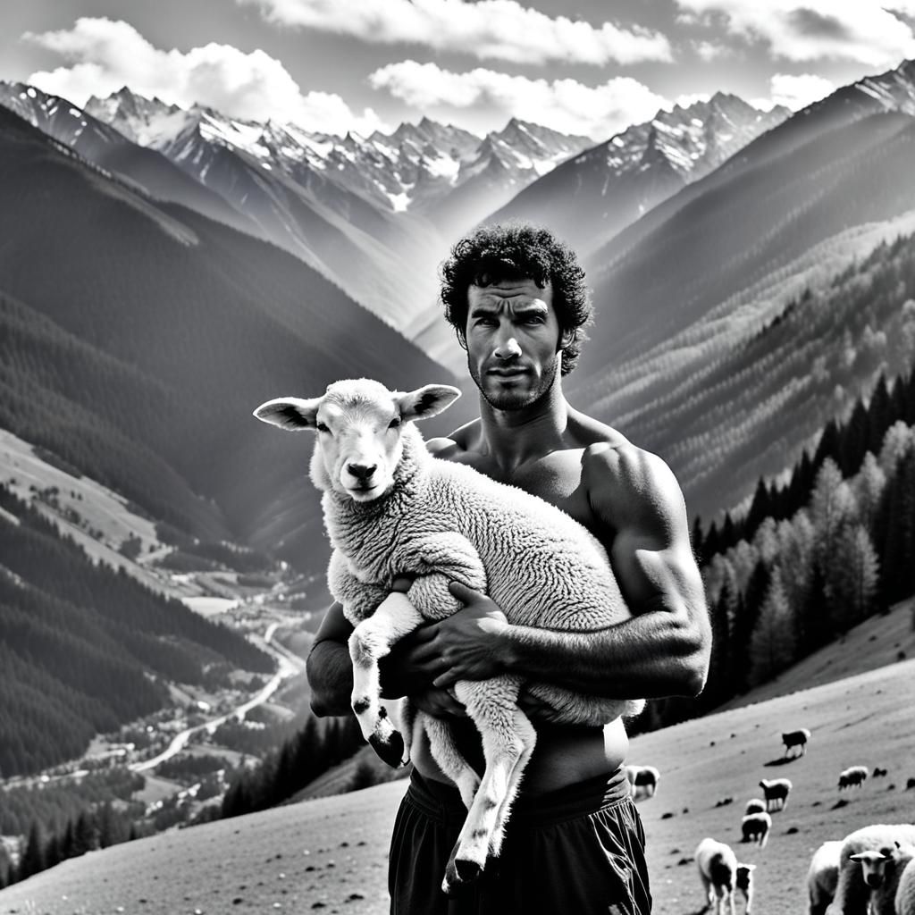 Andorran Shepherd with Lamb in Mountain Landscape