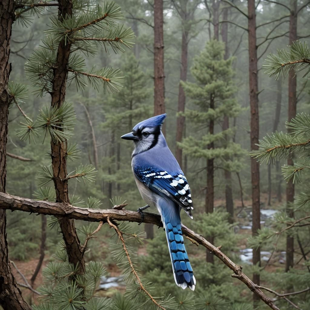 Blue Jay on Pine Branch: Sinister Digital Painting