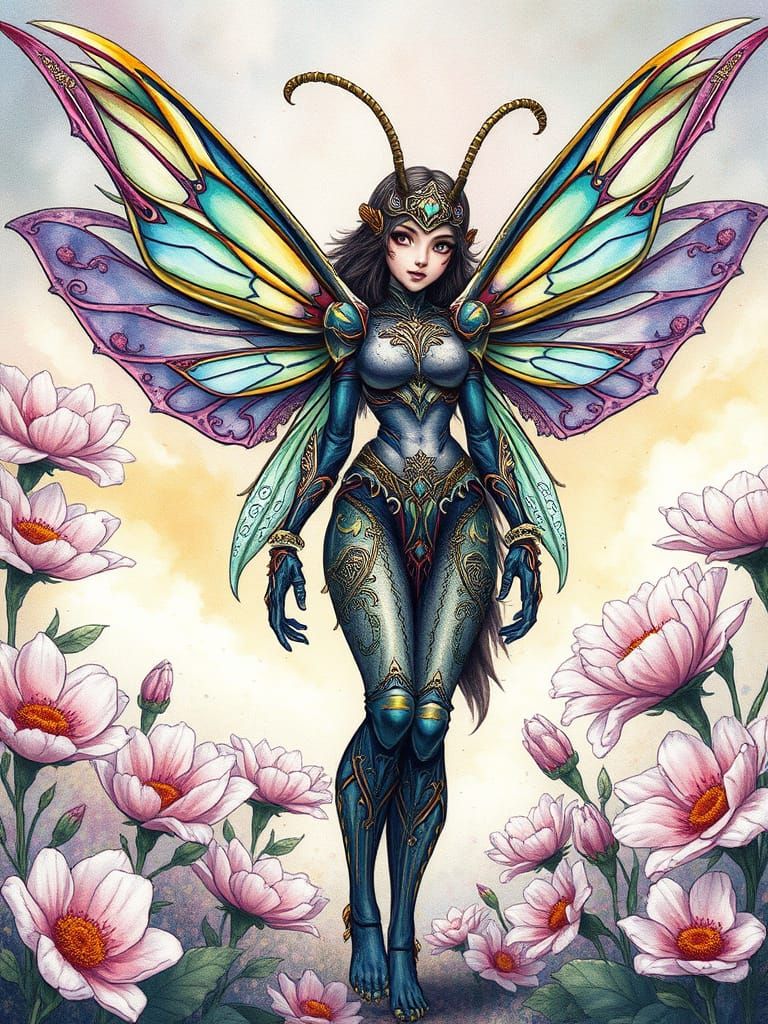 Majestic Insectoid Woman in Fairytale Watercolor Style