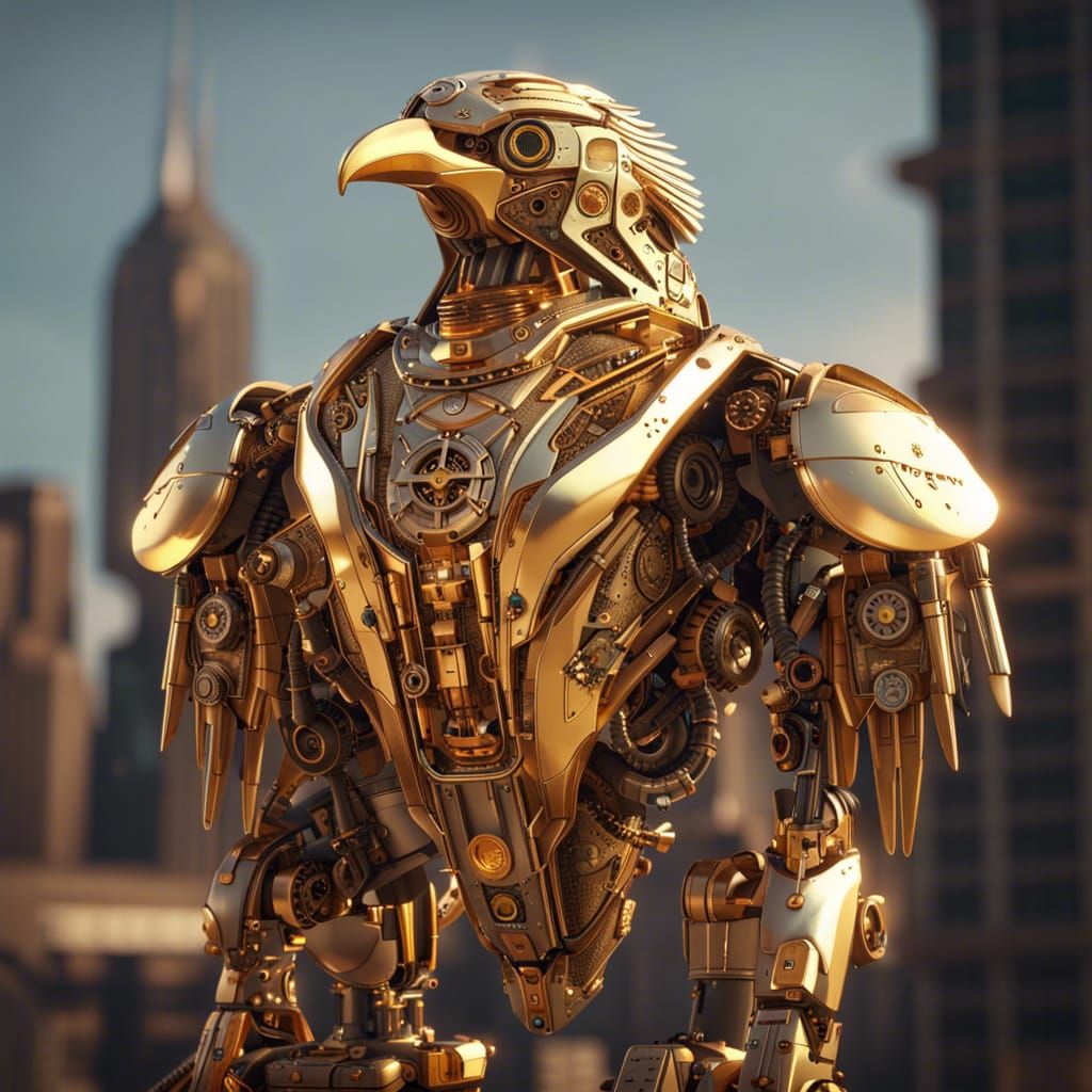 Golden Steampunk Hawk in Futuristic Cityscape