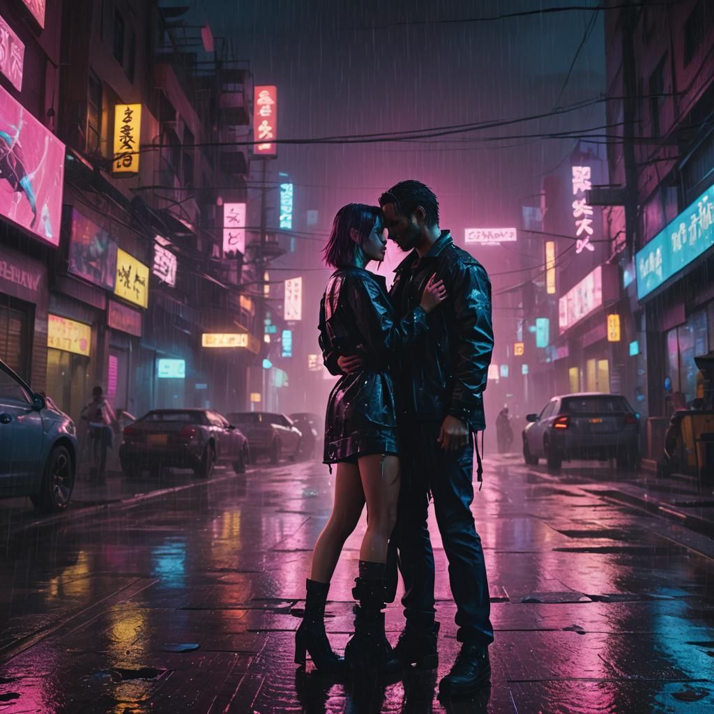 Cyberpunk Couple Embrace in Neon Noir Cityscape