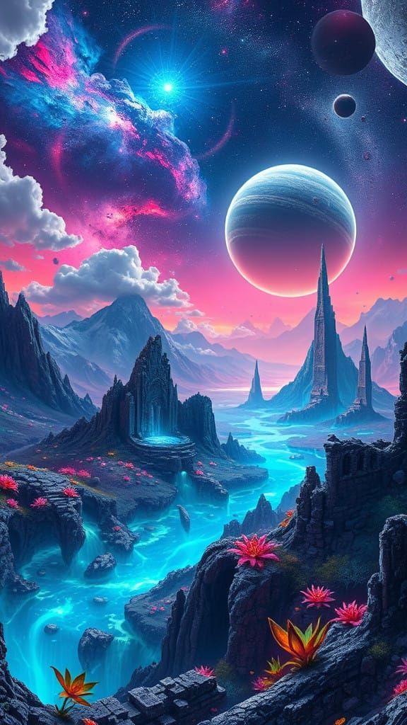 Vibrant Exoplanet Landscape with Ancient Ruins and Alien Sea...
