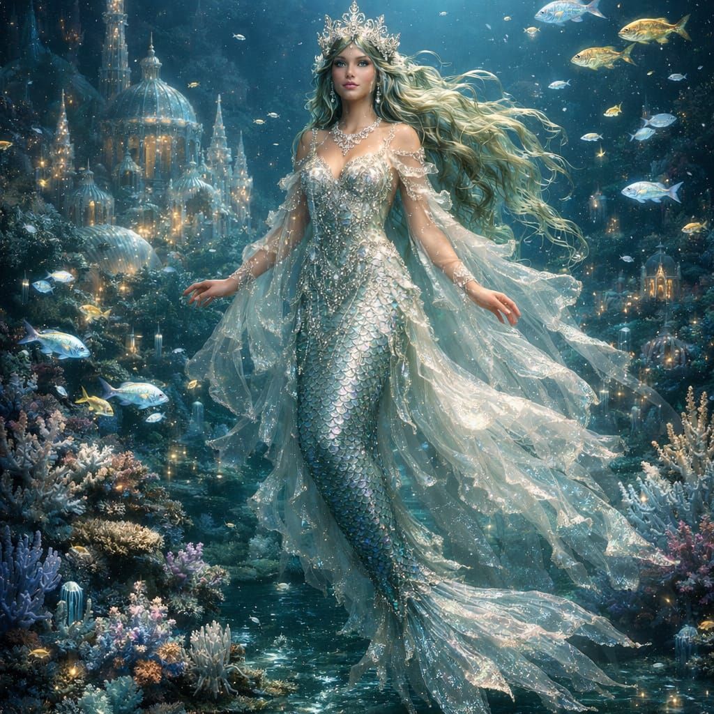 A regal mermaid with iridescent scales and flowing, kelp-like hair, adorned in a gown woven from moonlight and seafoam. ...