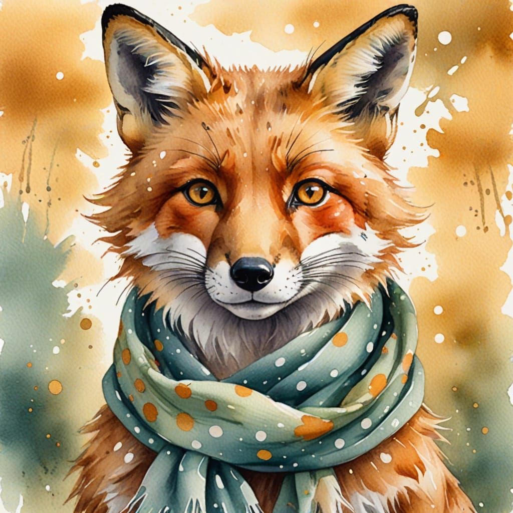 Fox in Polka Dot Scarf Watercolor Portrait