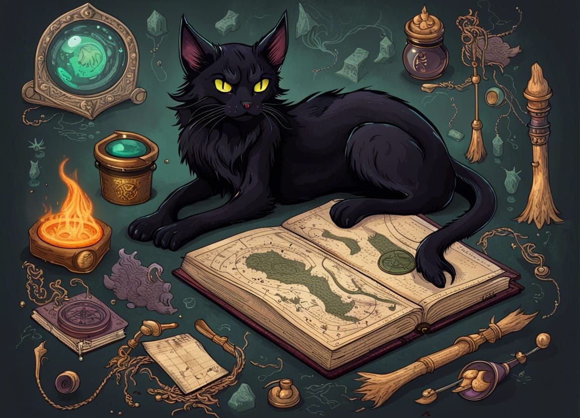 Eldritch Black Cat in Witch's Spellbook Illustration