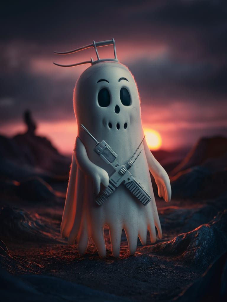 Whimsical Ivory-White Ghost in Necromantic Sunset