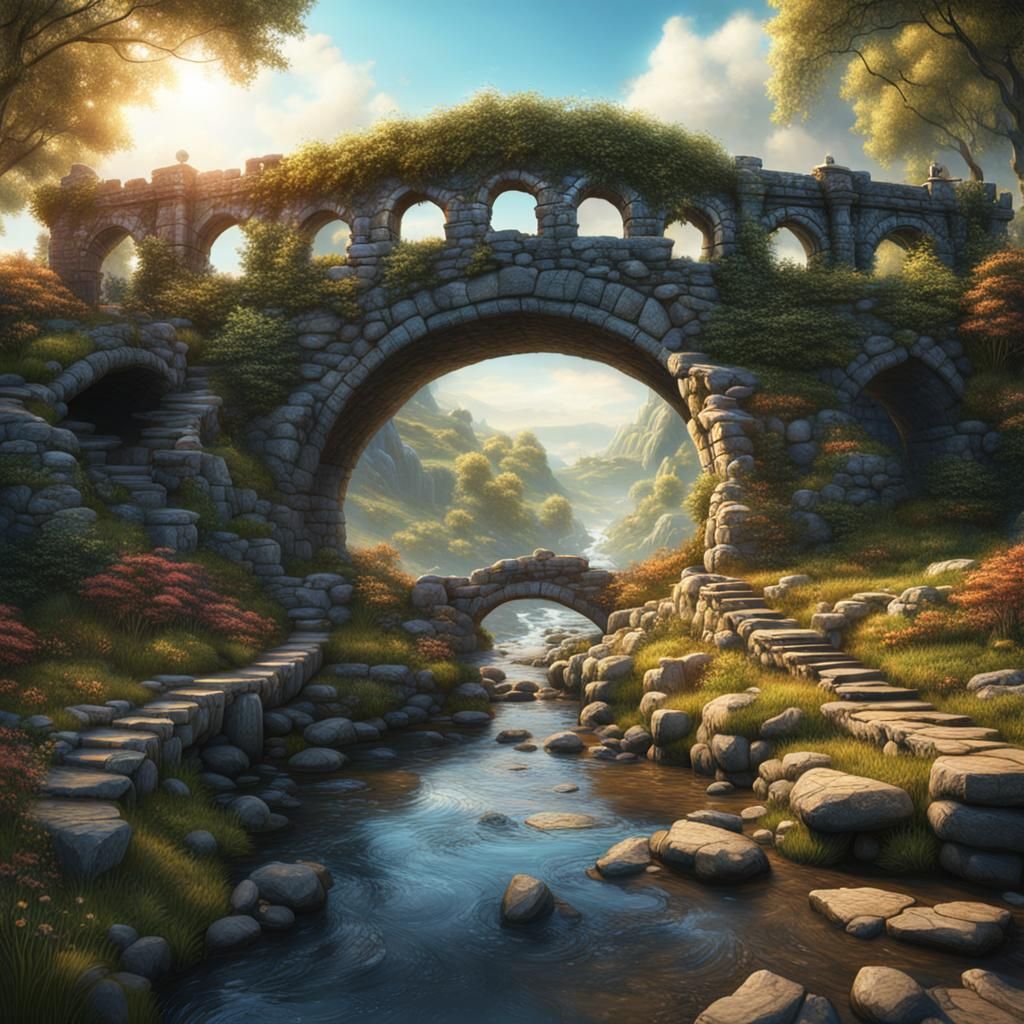 Fantastical Stone Bridge Over Stream in Detailed Matte Paint...