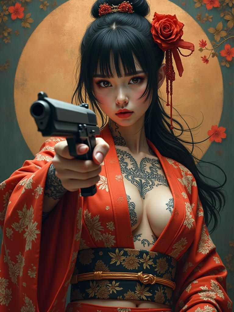 Tattooed Yakuza Girl with Gun in Digital Art Style