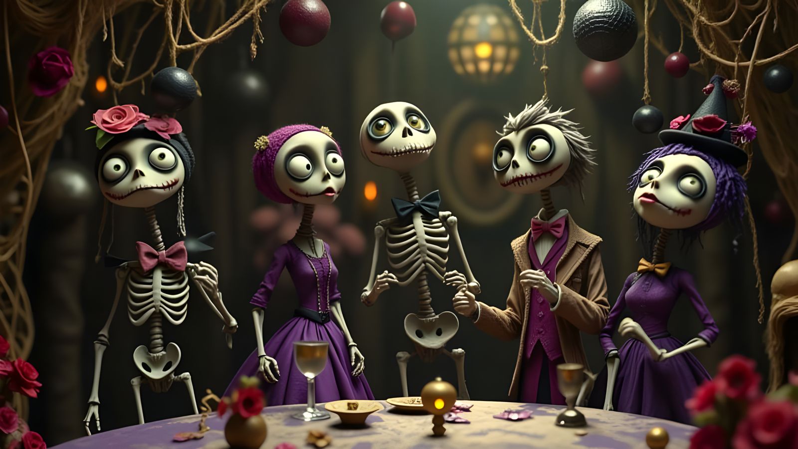 Whimsical Skeletons Dance at Spooky New Year's Eve Ball