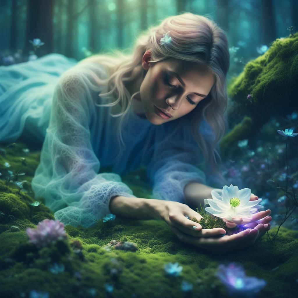 Mystical Woman with Glowing Flower in Dreamlike Forest