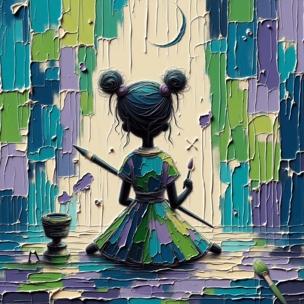 Boy Painting Collage in Basquiat, Carle, Murakami Style