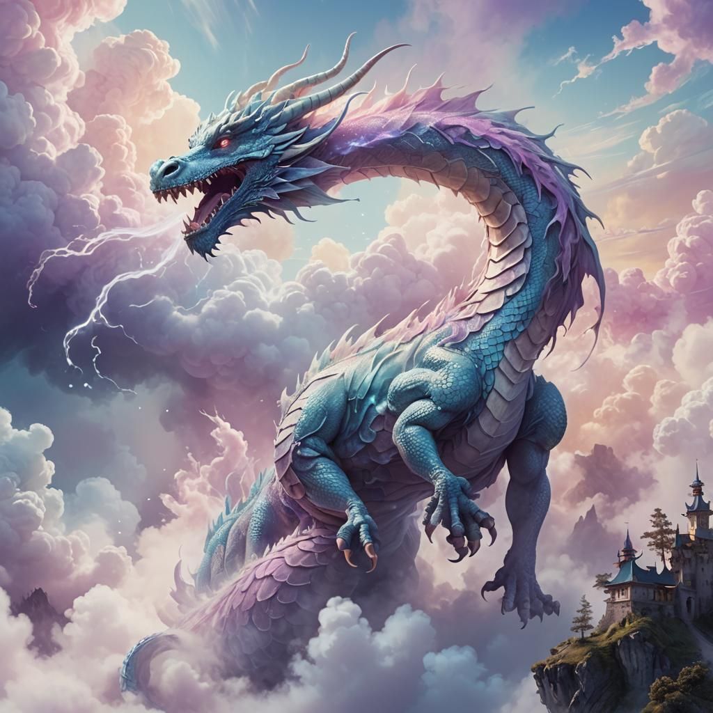 Pastel Dragon in Dreamy Surrealist Landscape