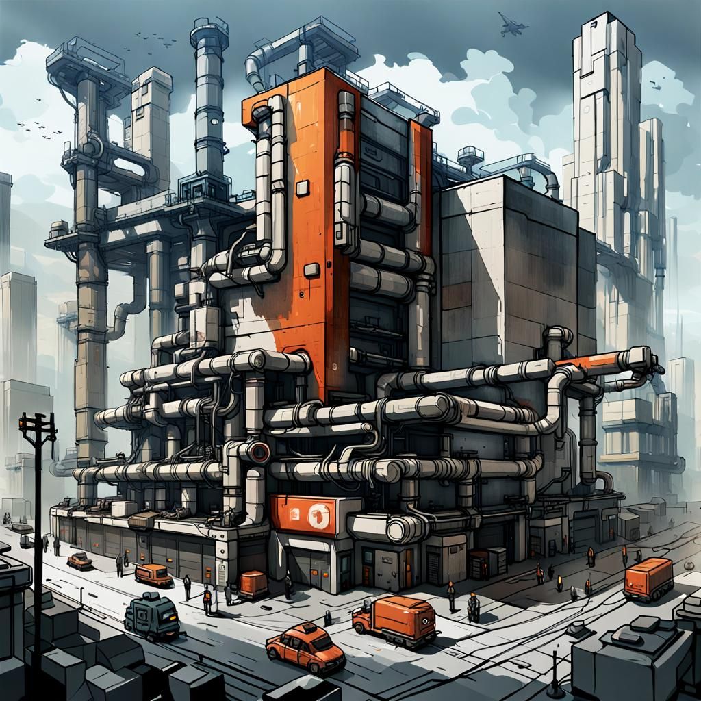 Brutalist Industrial Buildings in Harmonious Grey and Blue