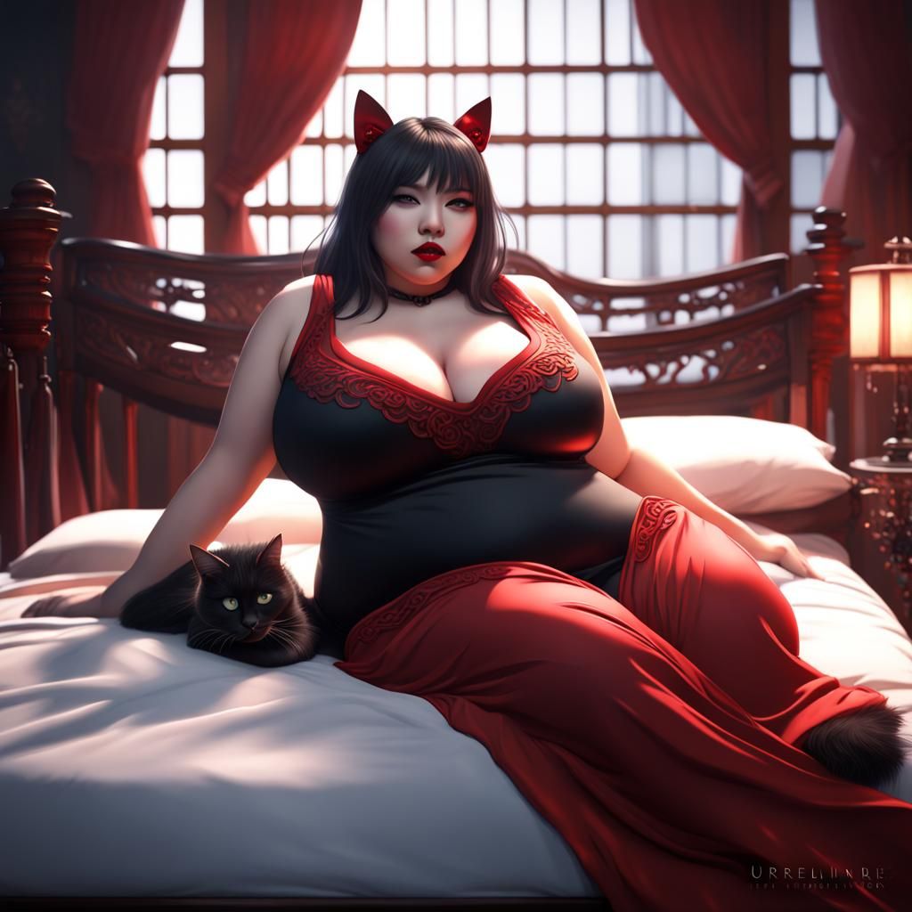 Asian Cat-Girl in Red Lingerie: Detailed Matte Painting