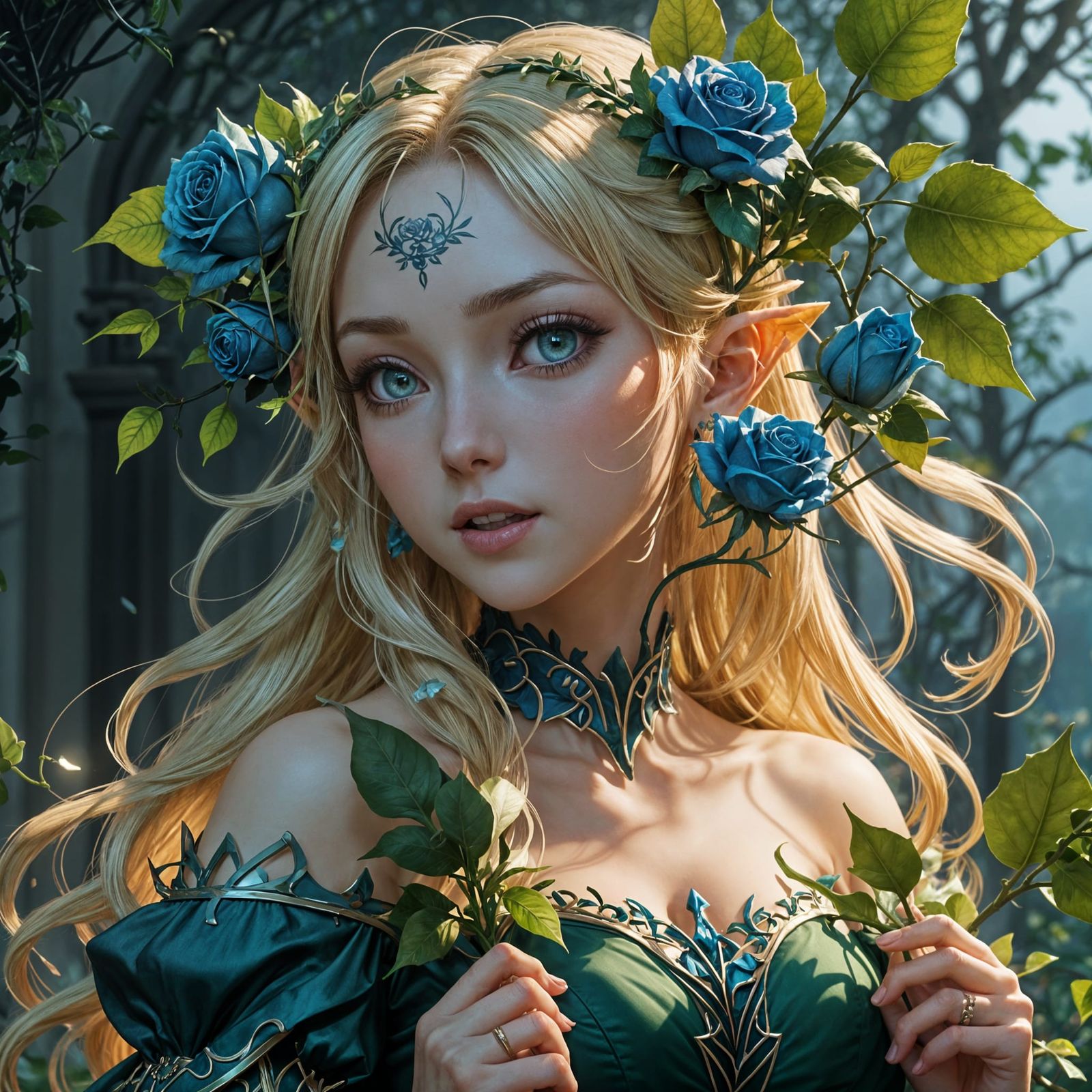 Elf Girl Screaming with Blue Rose Vine Album Cover