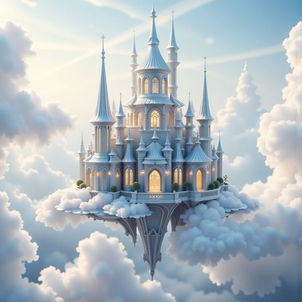 Silver Castle Floating Among Clouds in Dreamlike Style