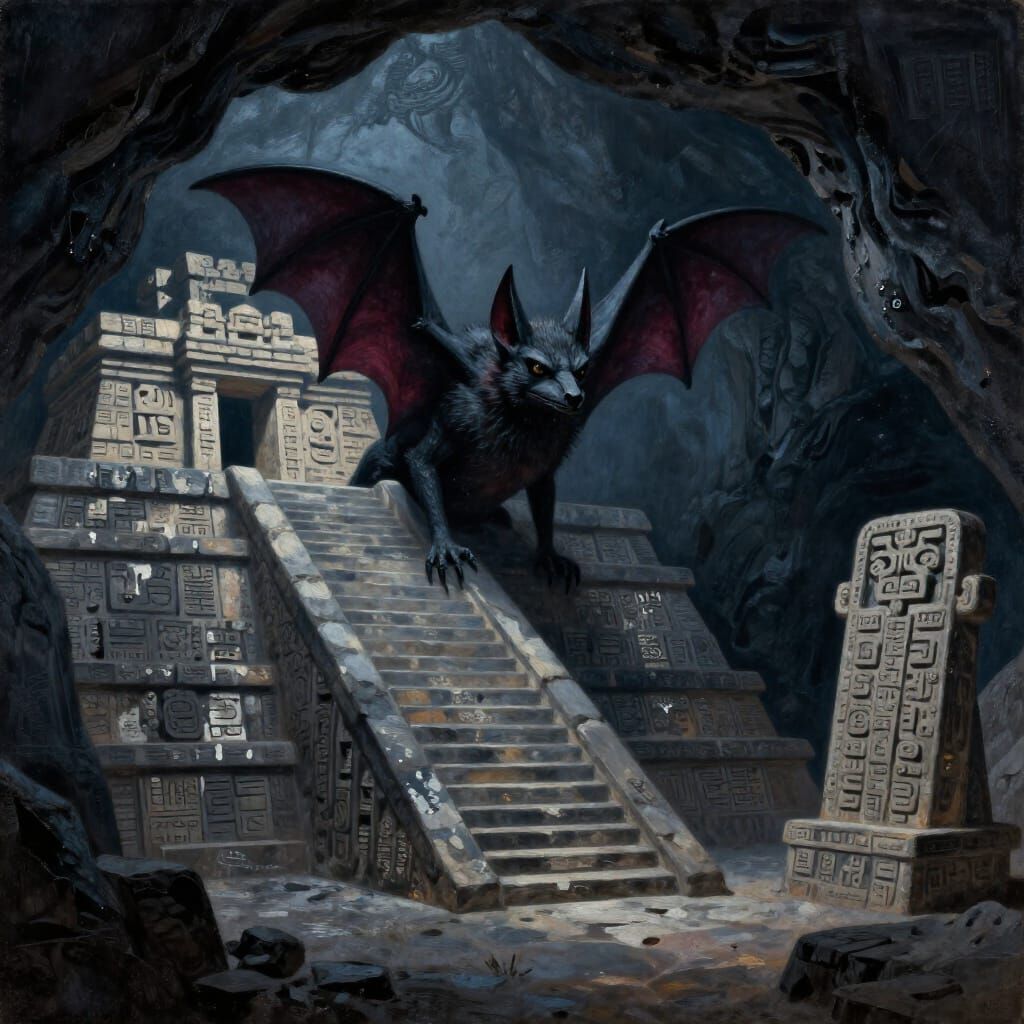 Bat-Headed Entity in Mayan Cave, Expressionist Oil Painting