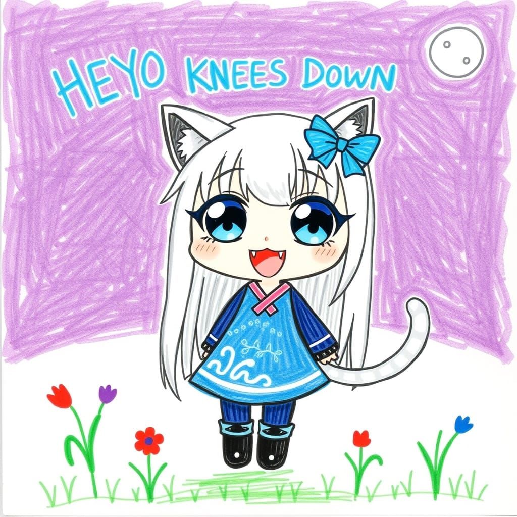 Anime Catgirl Crayon Drawing on White Paper