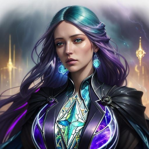 Woman in Magical Storm With Prismatic Glass Hair