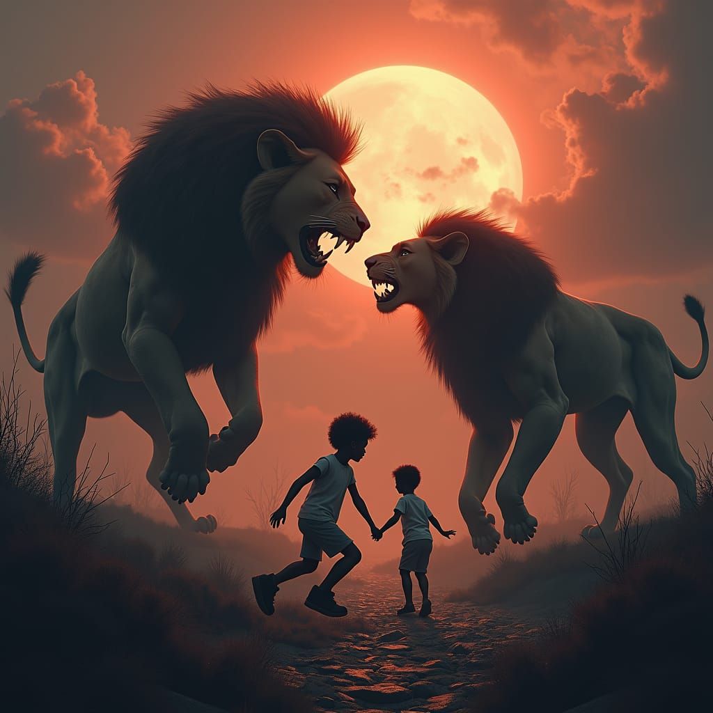 Terrifying Lion Creatures Devouring Children: Dark Fantasy S...
