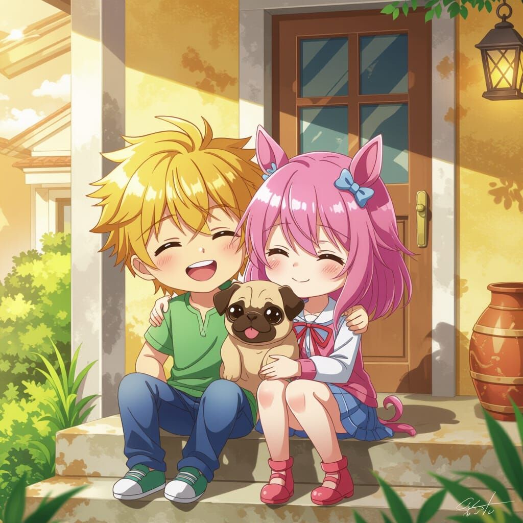 Anime Couple with Pug Puppy in Mystical Landscape