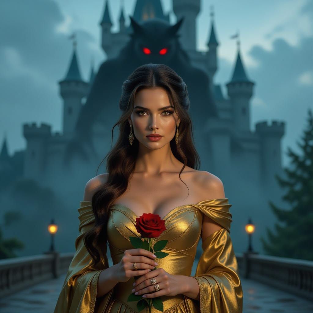 Woman in Golden Gown Before Shadowy Castle with Beast