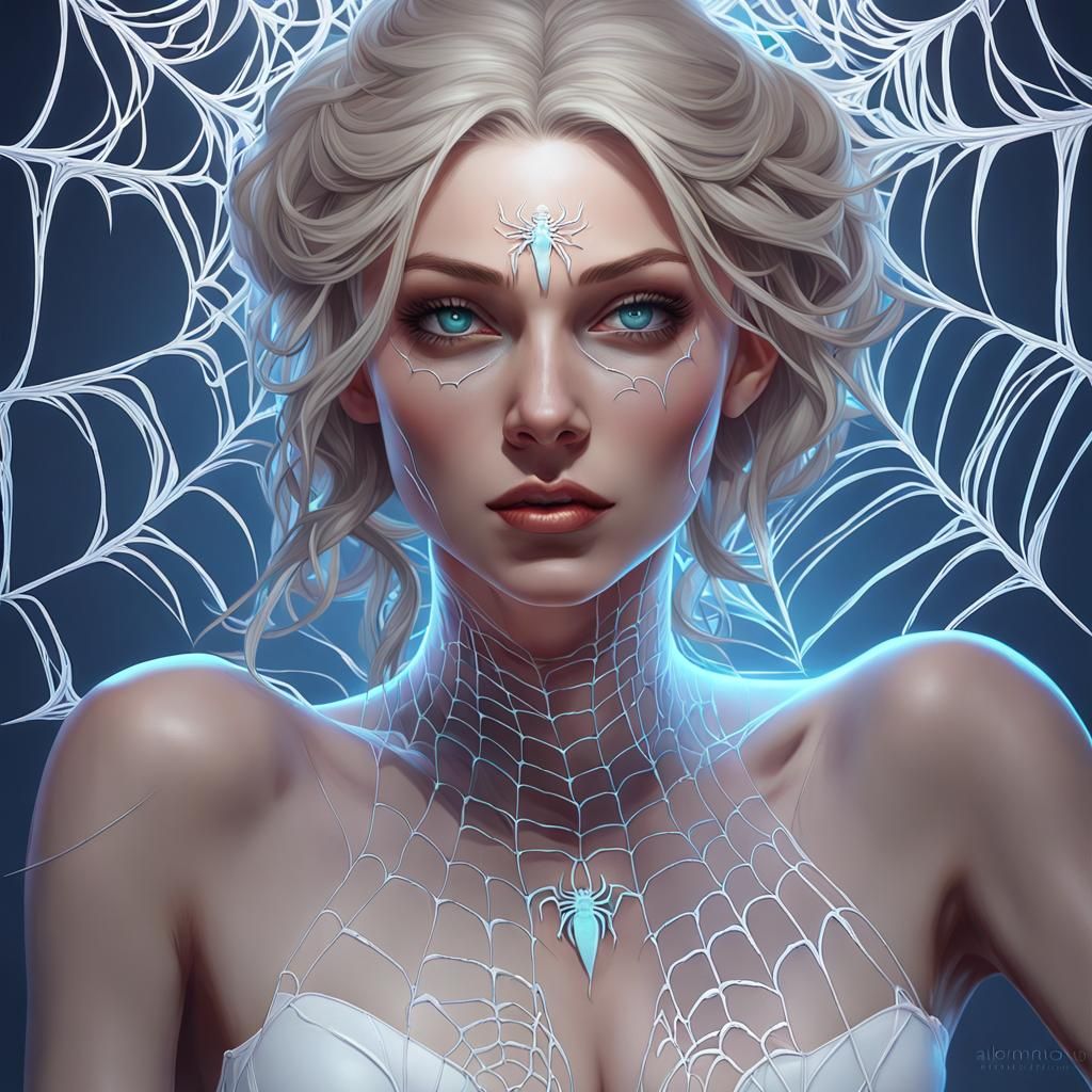 Spider-Woman with Glowing Eyes in Hyperdetailed Digital Art