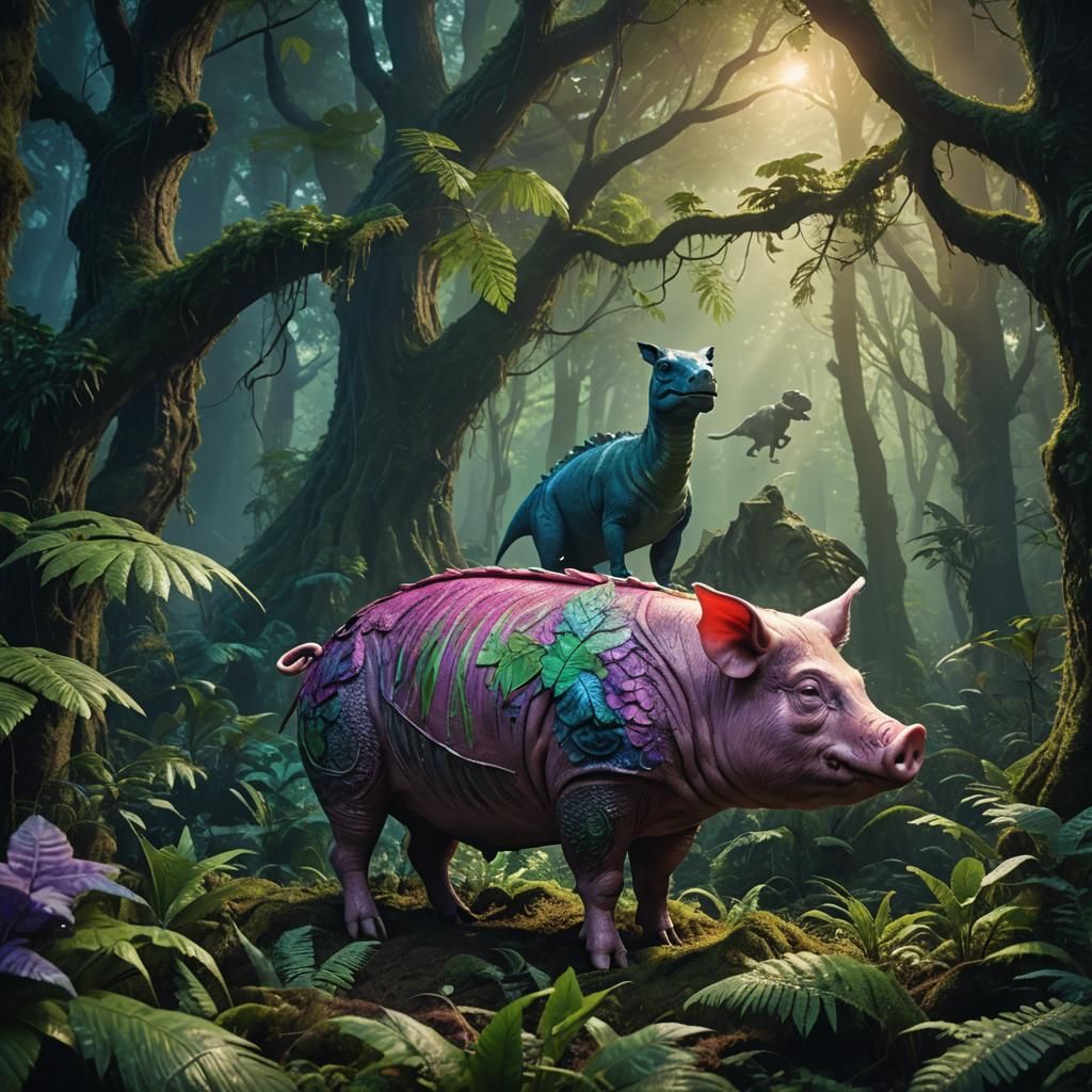 Dinosaur-Headed Pig in Mystical Forest: Digital Matte Painti...