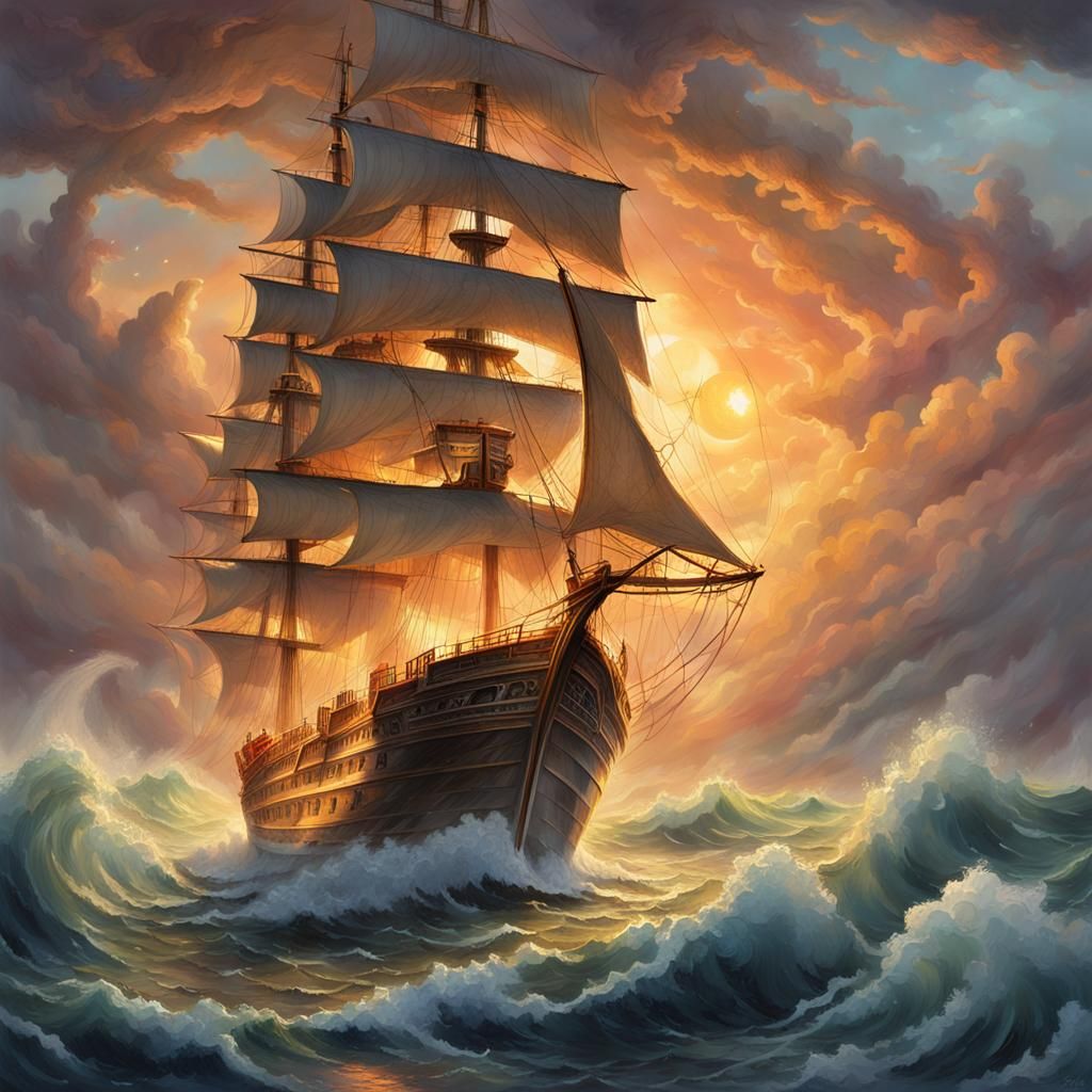 Ethereal Ship Sails Through Stormy Seas