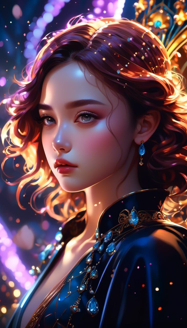 Sad Woman Portrait in Flickering Light, 2D Illustration