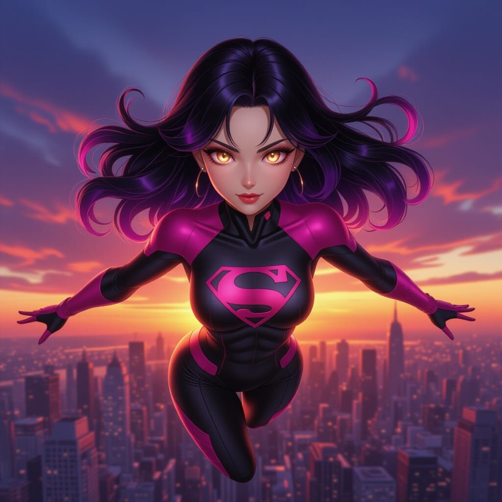 Anime Superheroine Soars Above City at Sunset